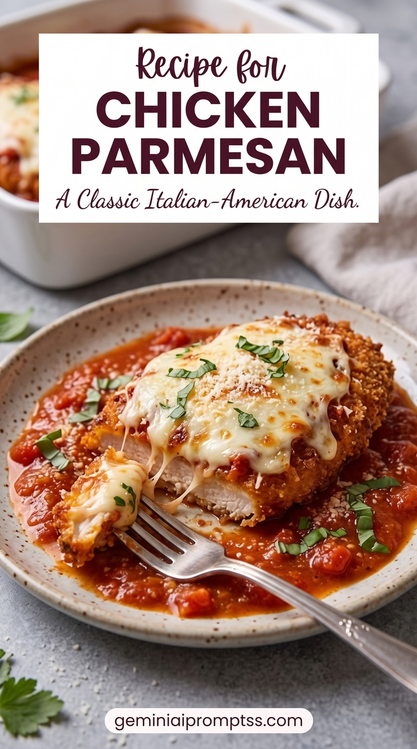 Recipe for Chicken Parmesan with golden chicken cutlets with a red tomato sauce, melted cheese, Parmesan, and a fresh green herb garnish