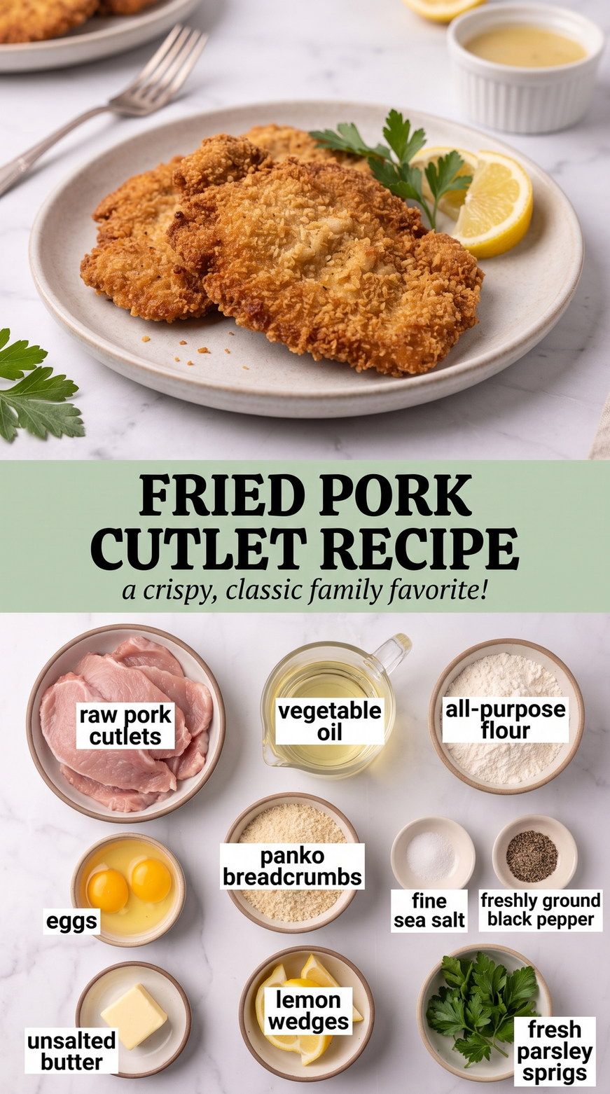 Fried Pork Schnitzel-Style Cutlets prepared as a finished fried pork cutlet recipe recipe with browned cutlets ready to serve