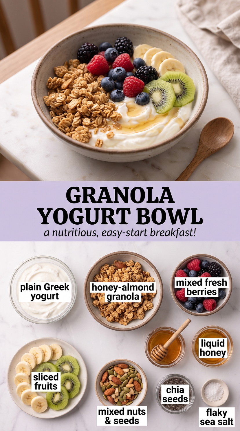 Granola Yogurt Bowl showing Greek yogurt with a generous granola layer, berries, banana, kiwi, nuts, seeds, and honey