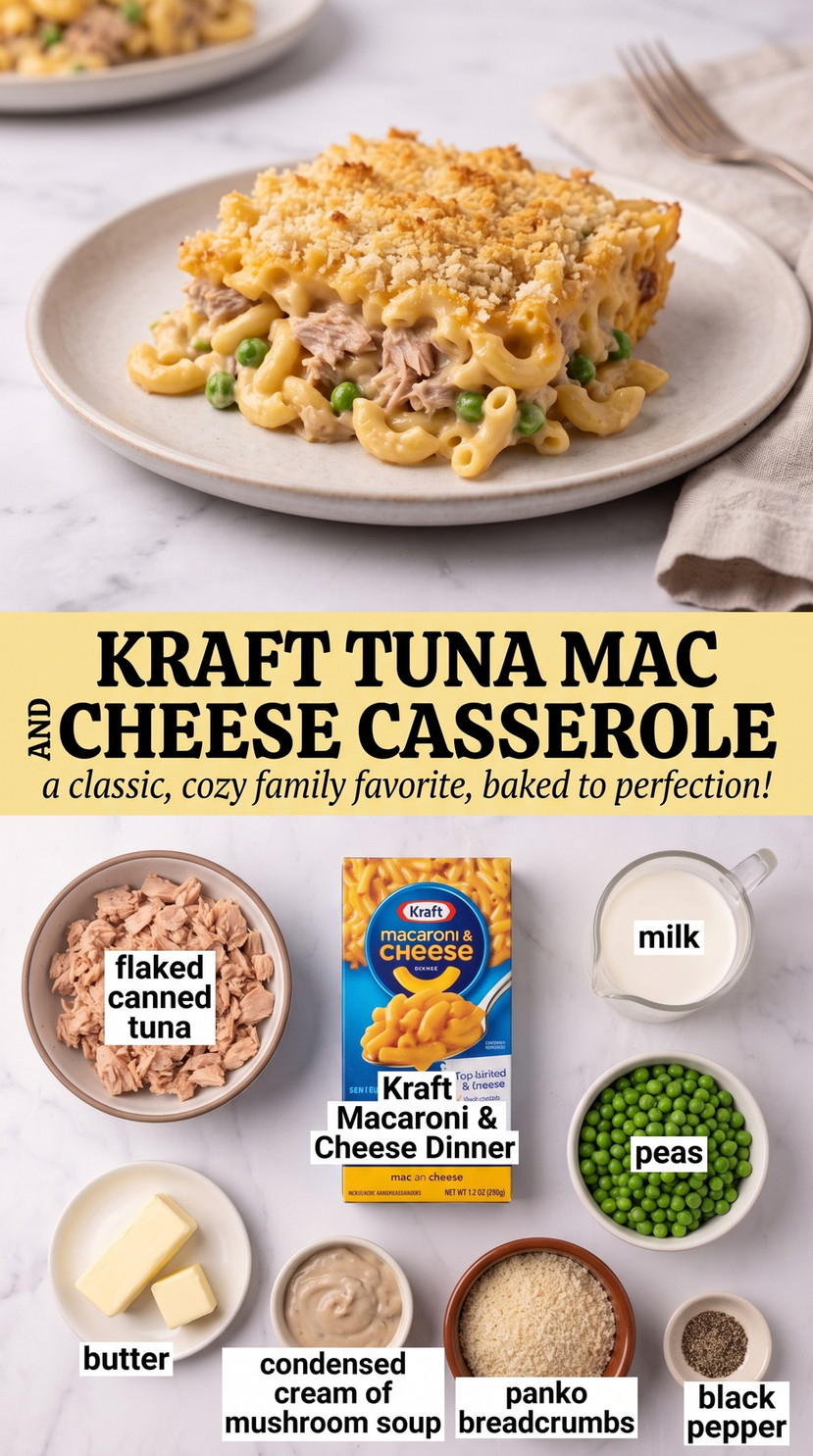 Kraft Tuna Mac and Cheese Casserole with boxed-style tuna mac and cheese with peas, creamy mushroom sauce, and a browned panko top