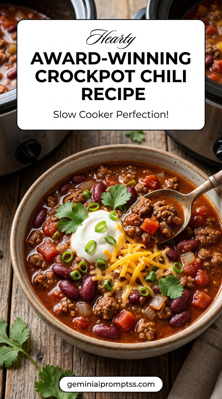 Award-Winning Crockpot Chili Recipe showing a rich award-style crockpot chili with beef, sausage, beans, tomatoes, cheddar, sour cream, scallions, and cilantro