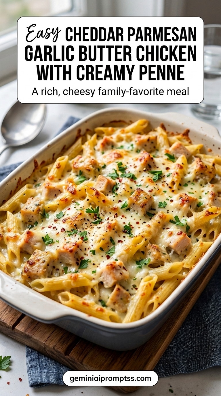 Cheddar Parmesan Garlic Butter Chicken With Creamy Penne Pasta finished recipe with garlic for a warm savory flavor