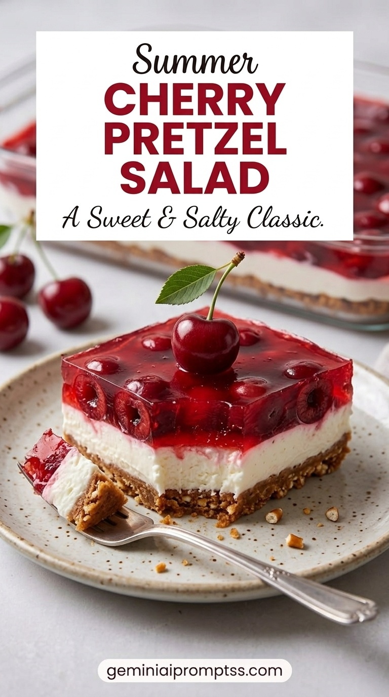Cherry Pretzel Salad showing a crisp pretzel crust, thick creamy center, glossy cherries layer