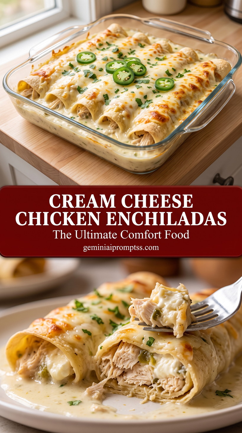 Cream Cheese Chicken Enchiladas with rolled chicken enchiladas with a creamy pale sauce and melted cheese