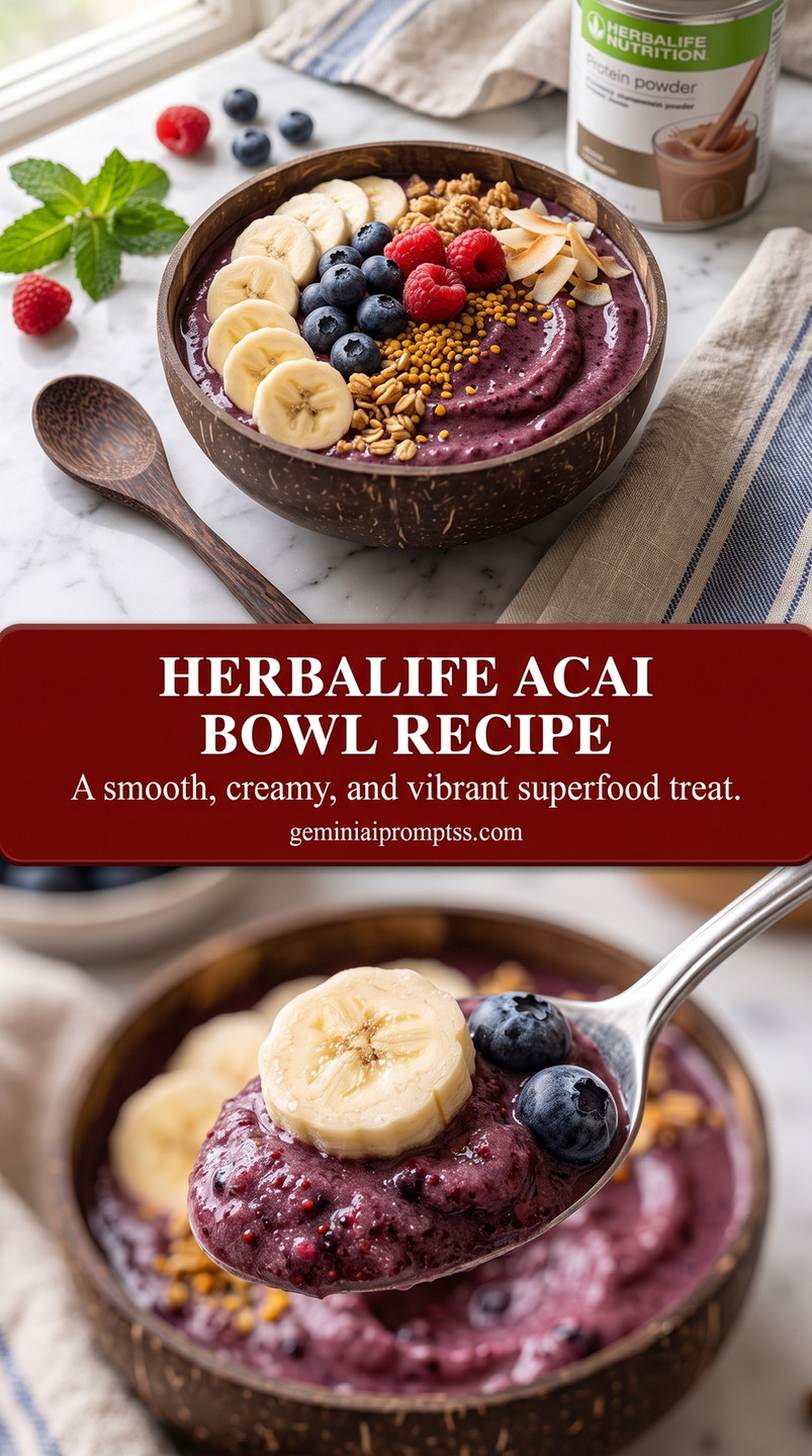 Herbalife acai bowl recipe with a dark purple acai bowl topped with banana slices, blueberries, raspberries, granola, sliced almonds, seeds, and mint