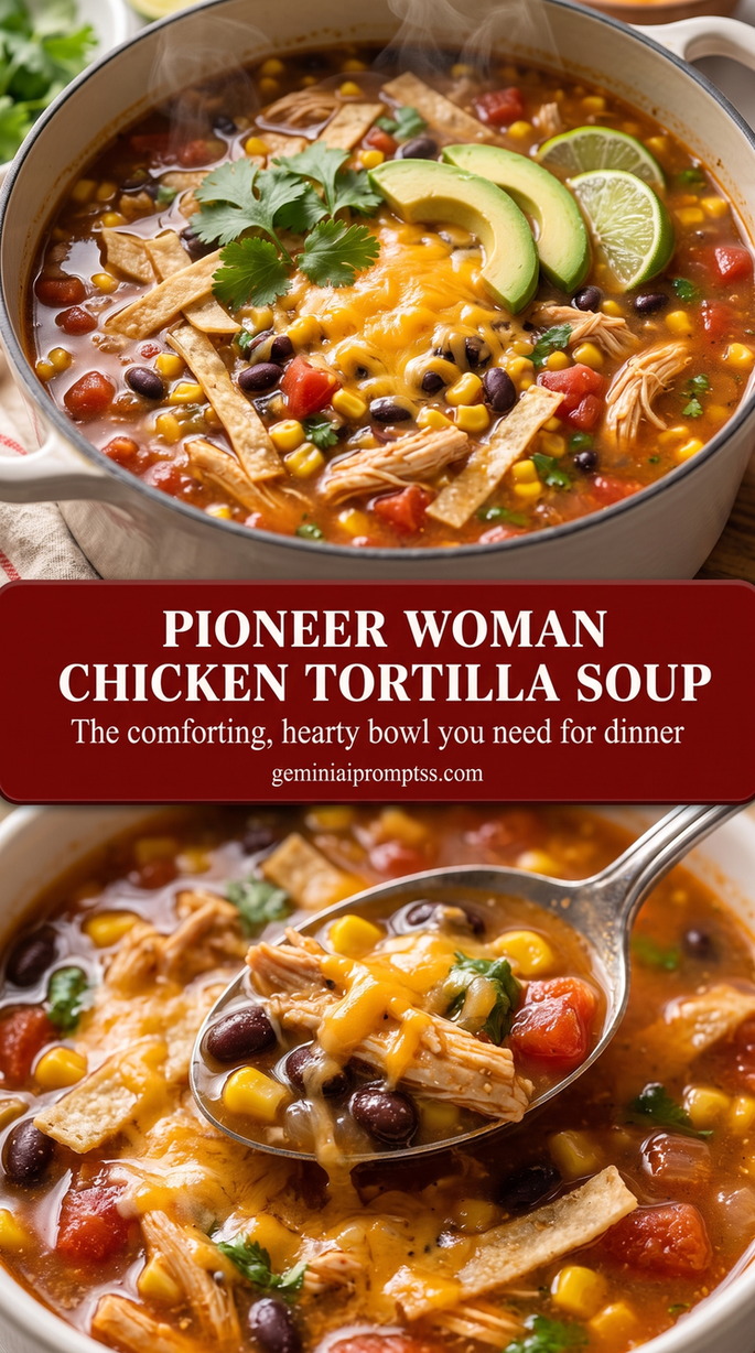 Pioneer woman chicken tortilla soup showing a hearty chicken tortilla soup with colorful toppings and crisp strips