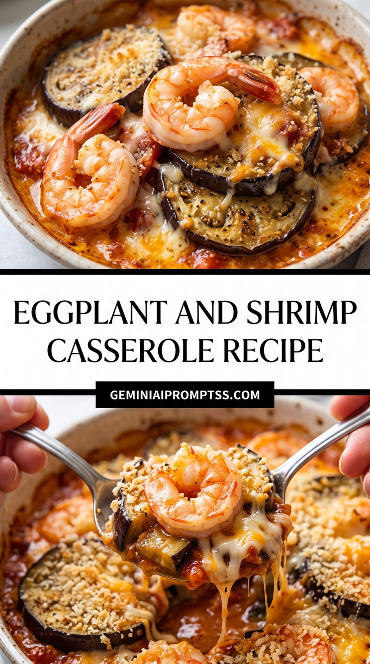 Eggplant And Shrimp Casserole Recipe showing baked eggplant rounds, whole shrimp, red tomato sauce, melted cheese, golden crumb topping