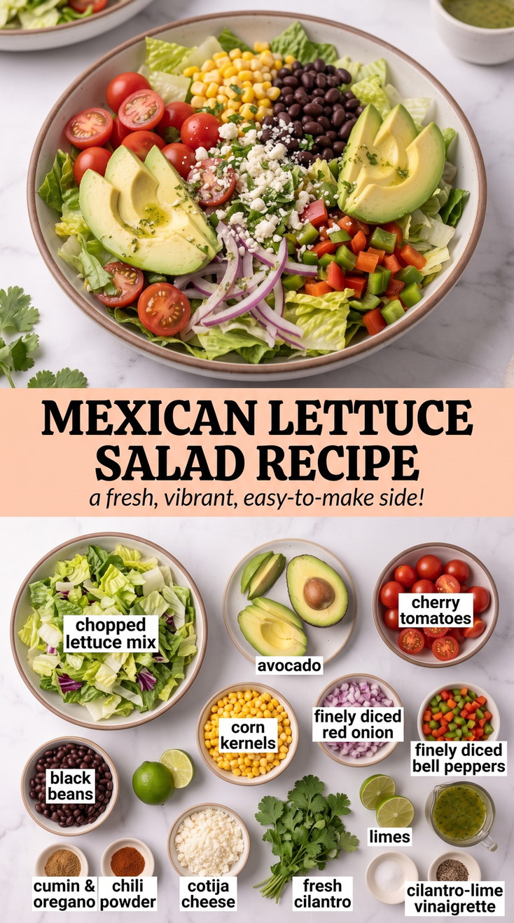 Mexican Lettuce Salad Recipes showing a colorful Mexican-style lettuce bowl with corn, black beans, avocado, tomatoes, peppers and cotija
