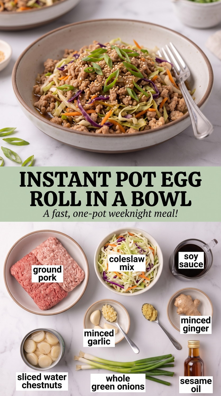 Instant Pot Egg Roll in a Bowl showing ground pork with shredded cabbage, carrots, onion, garlic, ginger, scallions, sesame, and a savory sesame-soy coating