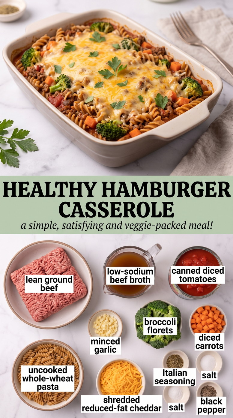 Healthy Hamburger Casserole with lean beef, whole-wheat pasta, broccoli, carrots, tomatoes, and melted cheddar
