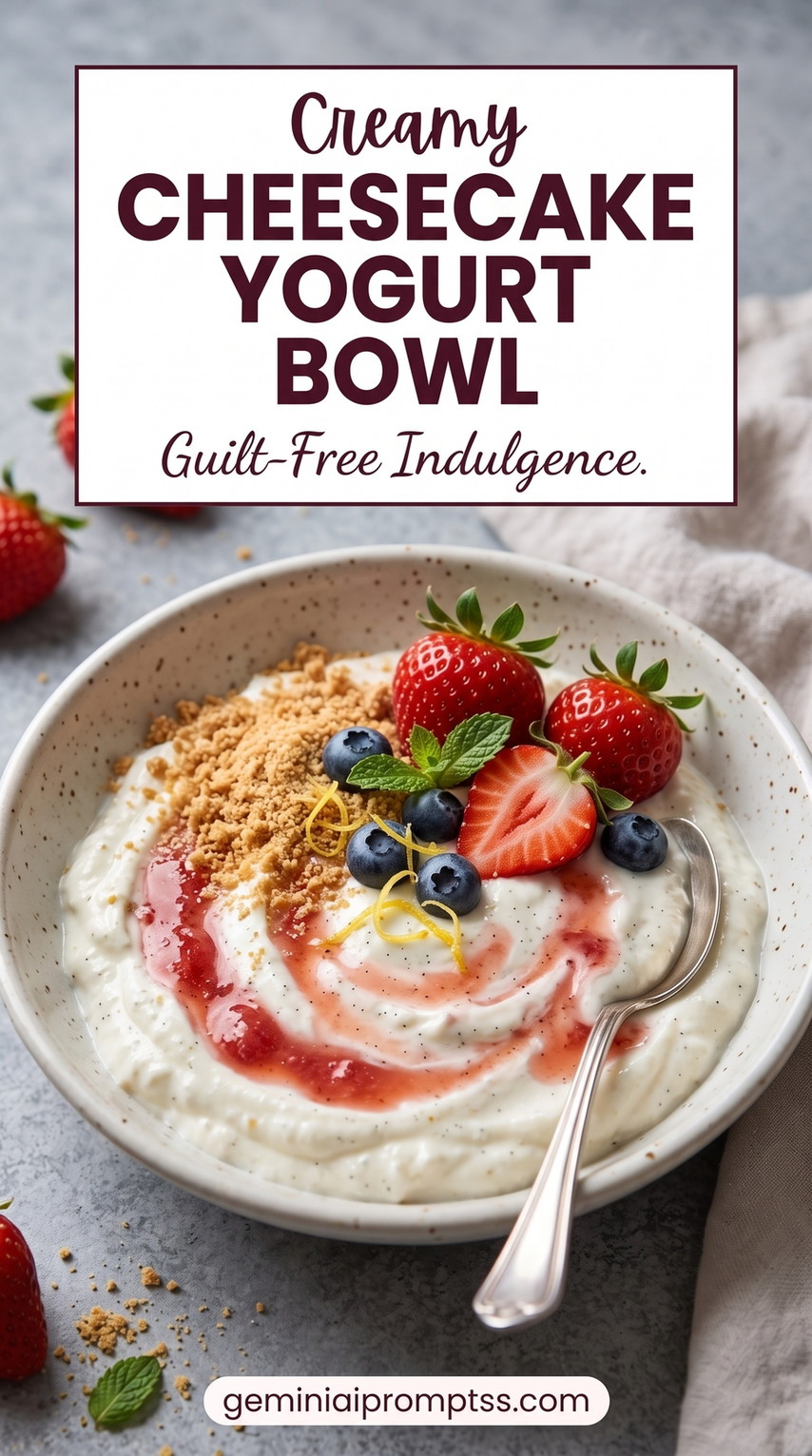 Cheesecake Yogurt Bowl showing cheesecake-style yogurt with strawberry swirl, berries, graham crumbs, and mint