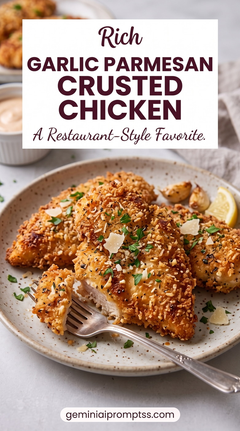 Longhorn Garlic Parmesan Crusted Chicken with golden Parmesan-crusted chicken with a crisp, textured top, a fresh green herb garnish, and a simple vegetable side