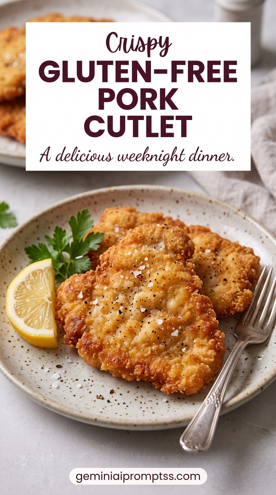 Gluten-Free Parmesan Pork Cutlets showing crisp golden breaded pork cutlets with lemon wedges and fresh herbs