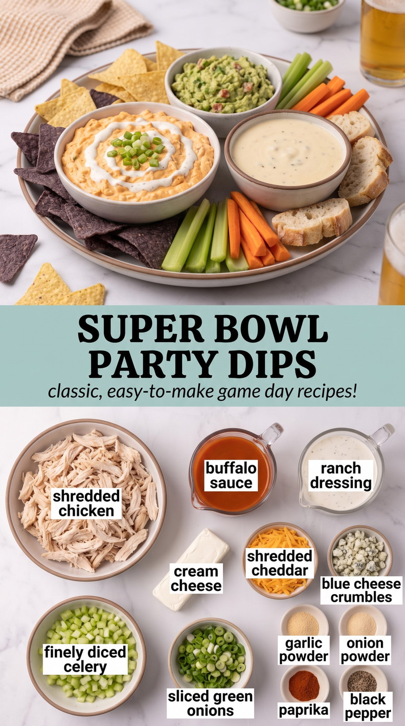 Super Bowl Party Dips with hot buffalo chicken dip with cream cheese, ranch, cheddar, blue cheese, celery, scallions, and warm spices