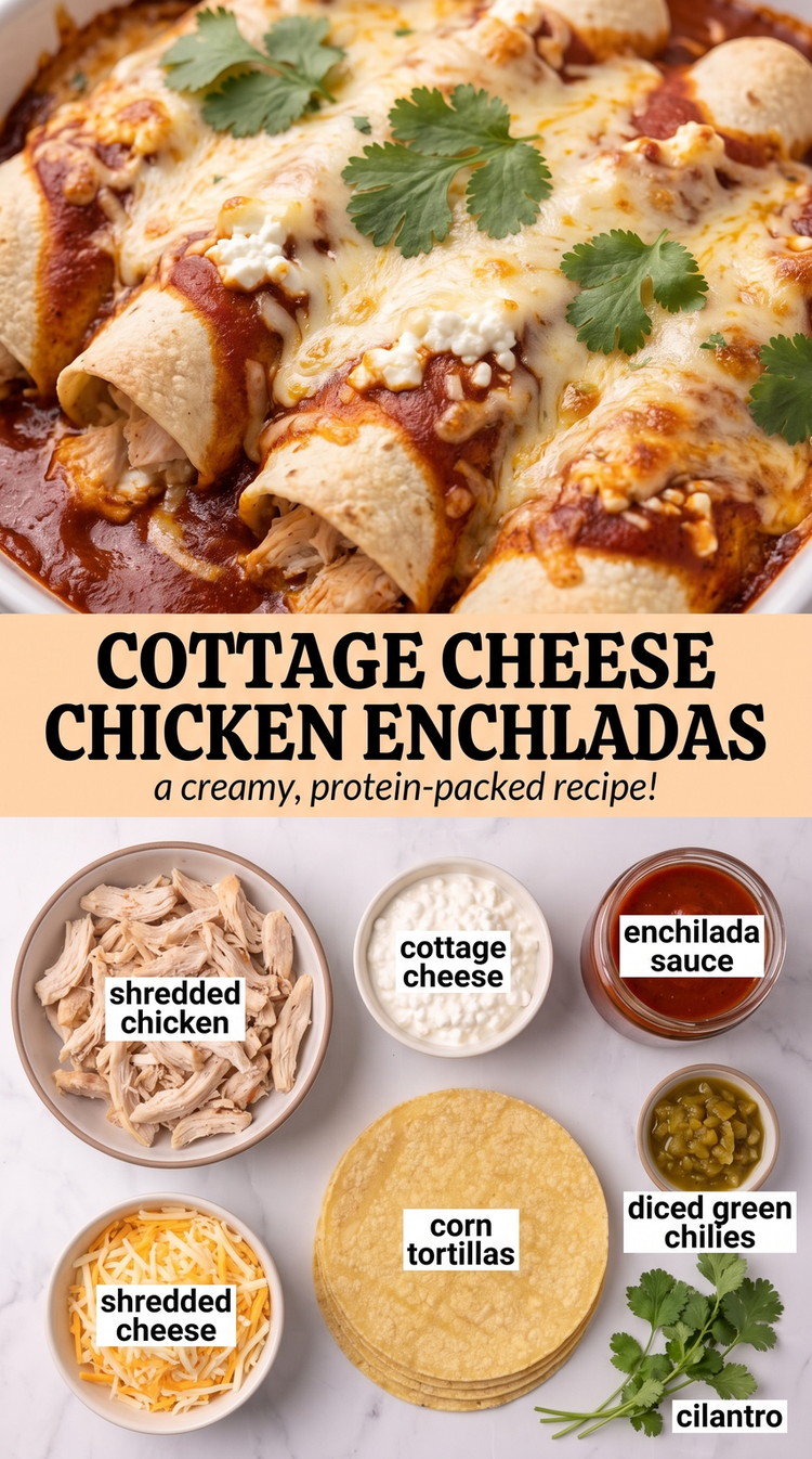 Cottage cheese chicken enchiladas showing rolled chicken enchiladas covered with sauce and melted cheese