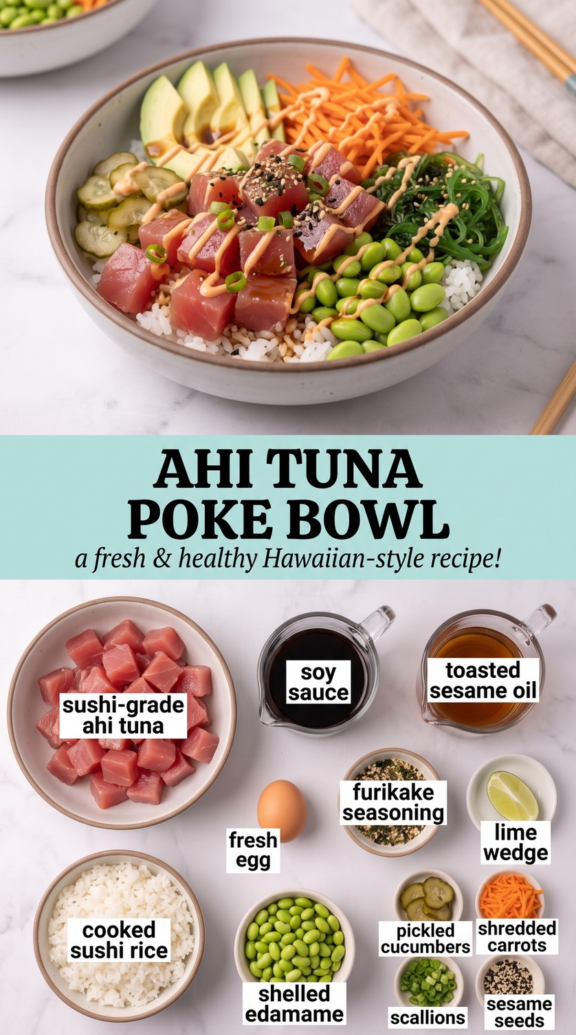 Poke Bowl Recipe showing ahi tuna with rice, edamame, avocado, cucumber, carrots, egg, sesame, and furikake