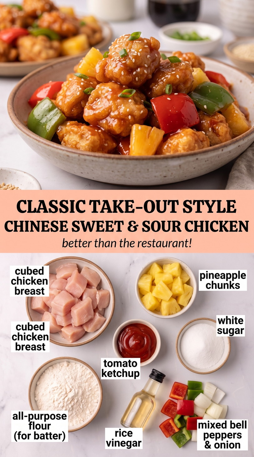 Chinese sweet and sour chicken finished dish made with cubed chicken breast, pineapple chunks, and white sugar