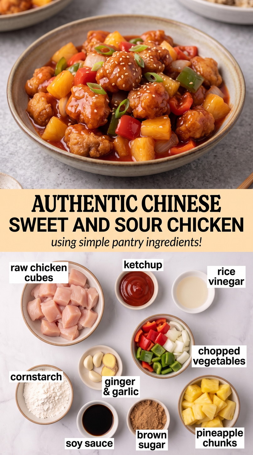 Sweet and sour chicken recipe finished dish made with raw chicken cubes, ketchup, and rice vinegar