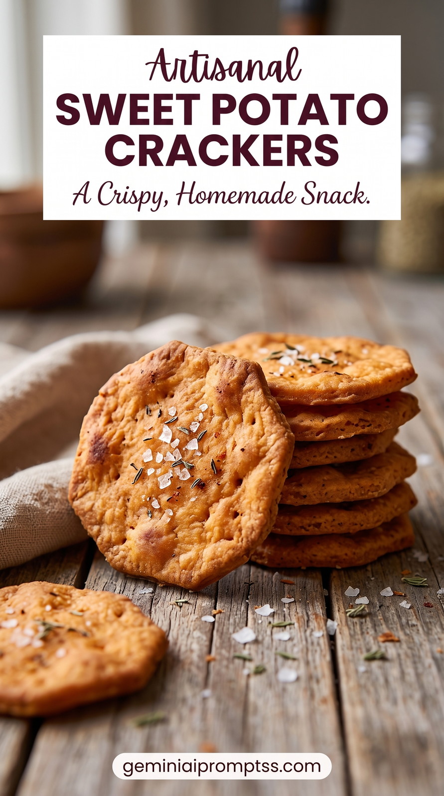 Sweet potato crackers recipe showing thin, crisp crackers with roasted sweet potato, flaky salt, and herb aroma