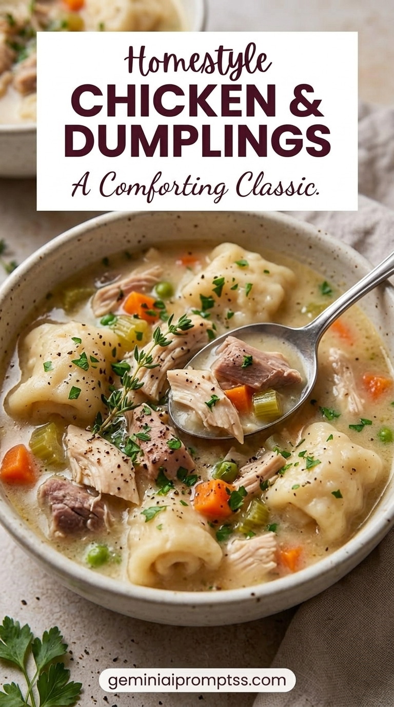 Chicken and Dumplings Recipe showing a homestyle bowl of chicken, carrots, celery, peas, and soft herb-speckled dumplings in a light creamy broth