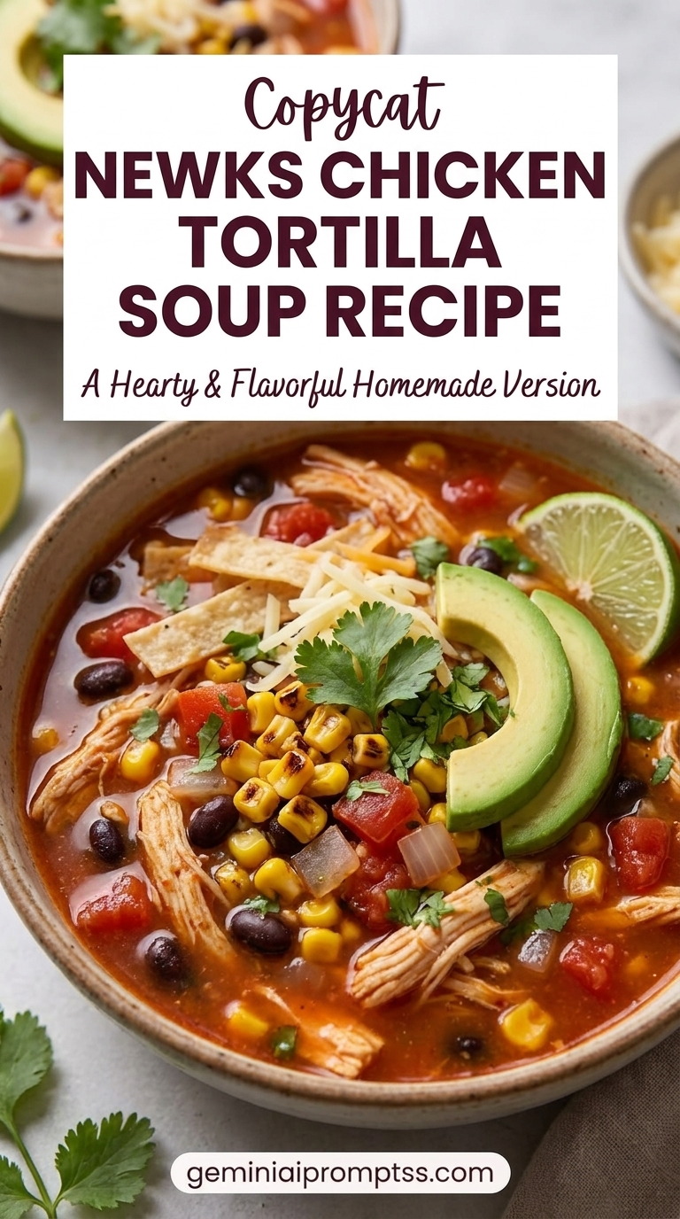 Newks Chicken Tortilla Soup Recipe with shredded chicken, tortilla strips, avocado, beans, corn, lime, and a red tomato-chile broth