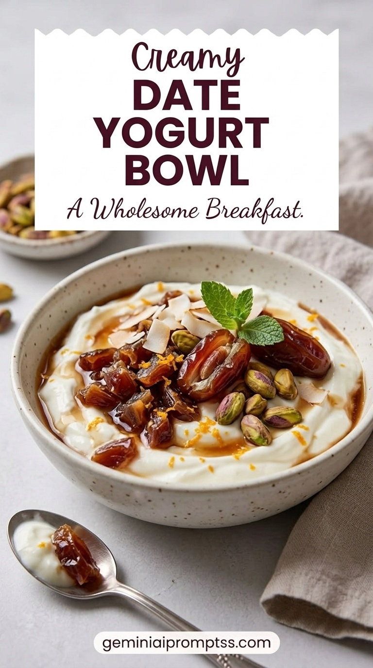 Date Yogurt Bowl showing Greek yogurt with dates, pistachios, granola, sesame, cinnamon, and mint