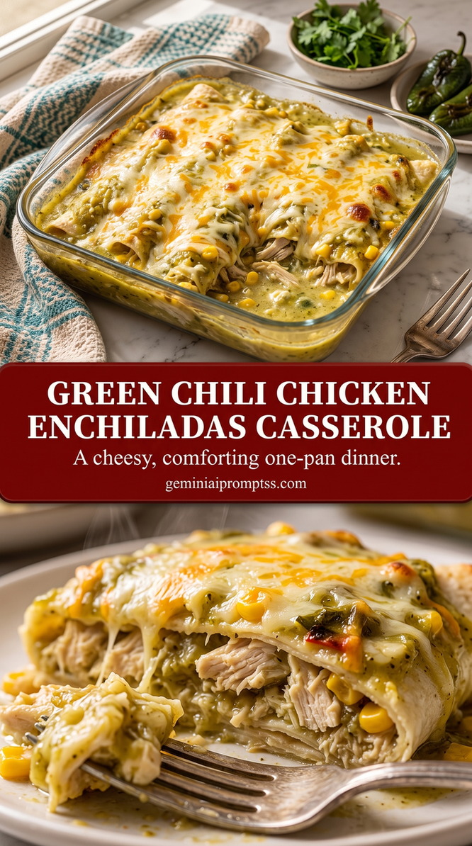 Green Chili Chicken Enchiladas Casserole with rolled chicken enchiladas with a green sauce and melted cheese