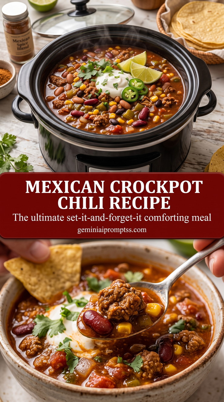 Mexican crockpot chili recipe with a Mexican-style chili with meat, beans, corn, tomato, lime, jalapeno, cilantro, sour cream, and tortilla chips