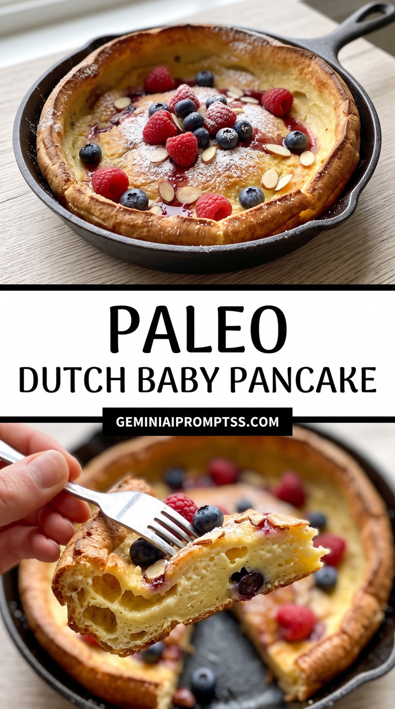 Paleo Dutch Baby Pancake showing paleo Dutch baby with mixed berries and a golden crisp edge