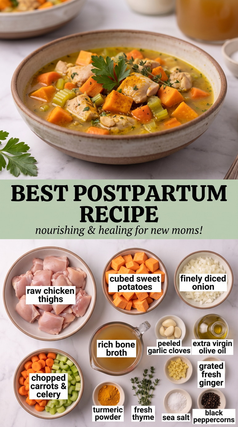 Best Postpartum Recipes showing a turmeric chicken and sweet-potato soup with carrots and celery