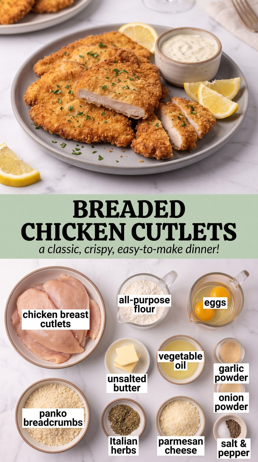 Parmesan-Panko Breaded Chicken Cutlets prepared as a finished breaded chicken cutlet recipe recipe with browned cutlets ready to serve