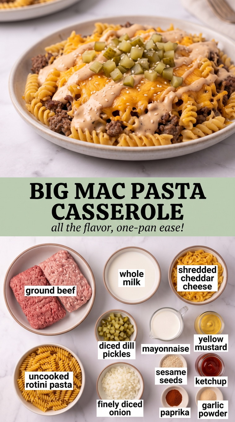 Big Mac Pasta Casserole with Big Mac-inspired rotini with browned beef, cheddar, pickle, creamy burger sauce, and sesame