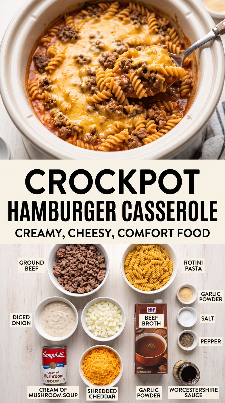 Crockpot Hamburger Casserole with creamy slow-cooker hamburger casserole with rotini, mushroom soup, cheddar, onion, and Worcestershire
