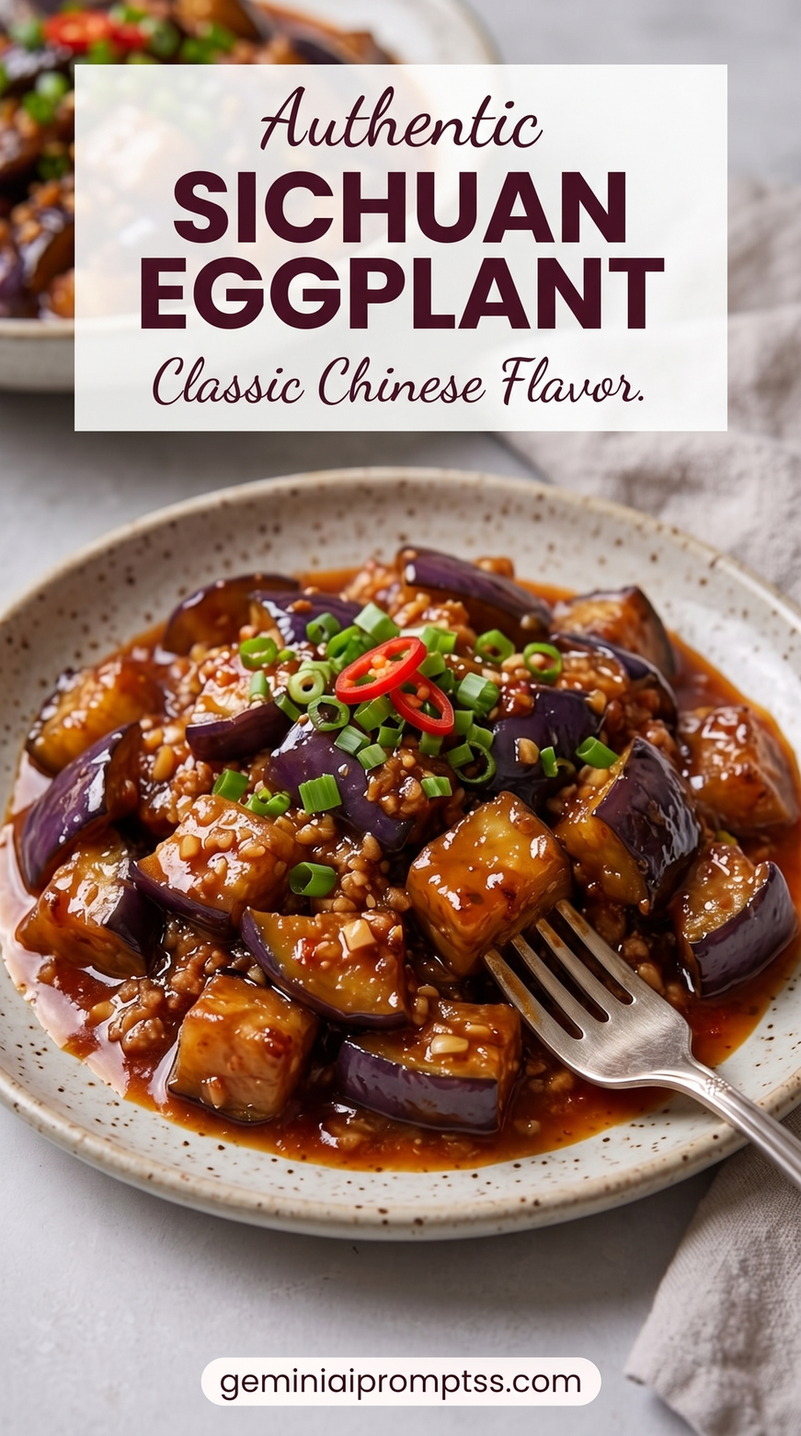 Sichuan Yu Xiang Eggplant showing Sichuan eggplant in a rich chili sauce with red chili slices, scallions, and sesame