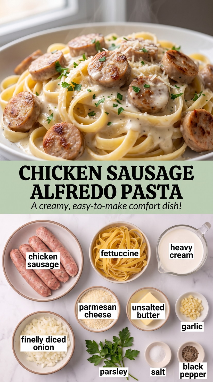 Chicken sausage alfredo pasta showing creamy pasta coated in Parmesan sauce with tender chicken
