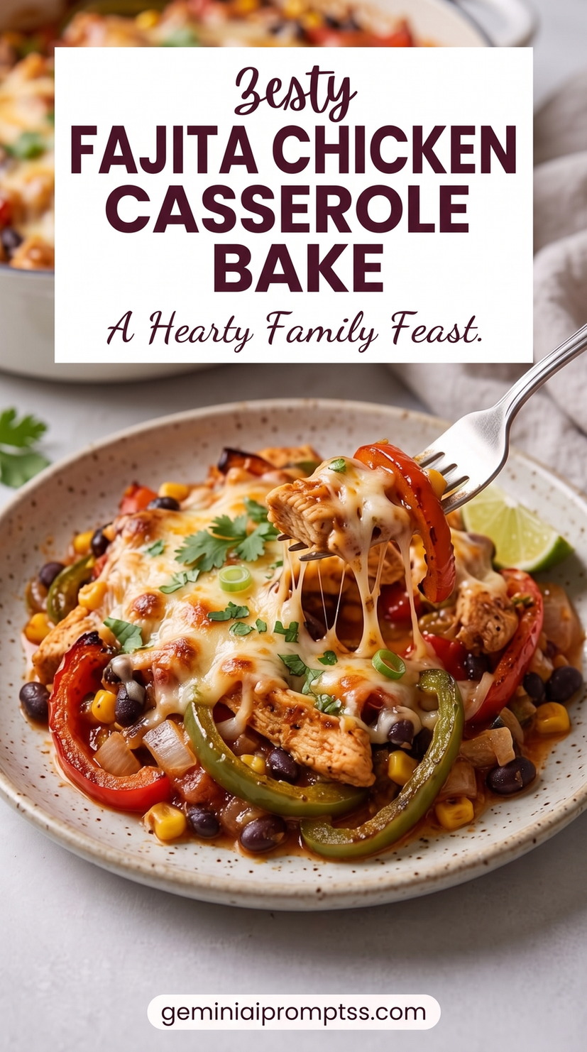 Fajita Chicken Casserole Bake with sliced chicken breast strips, colorful bell peppers, onions, lime, and browned fajita-style edges