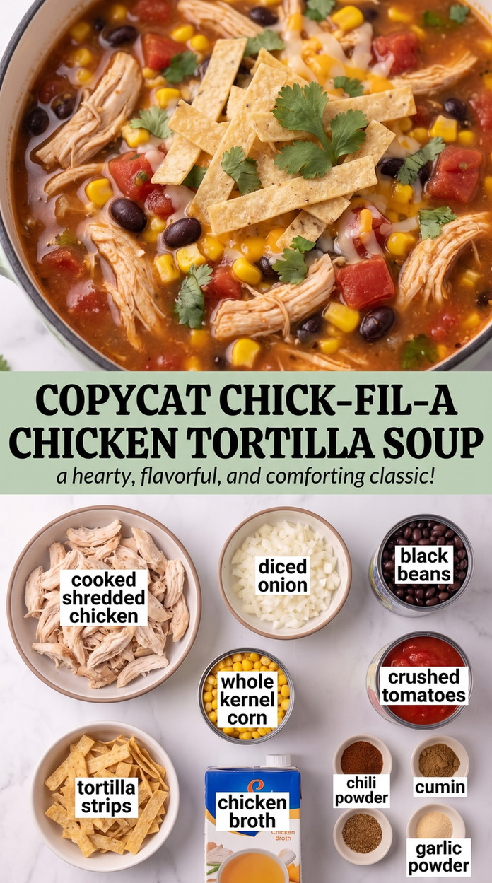Copycat Chick-fil-A Chicken Tortilla Soup - a hearty bowl with shredded chicken, beans, corn, tortilla strips, and fresh toppings
