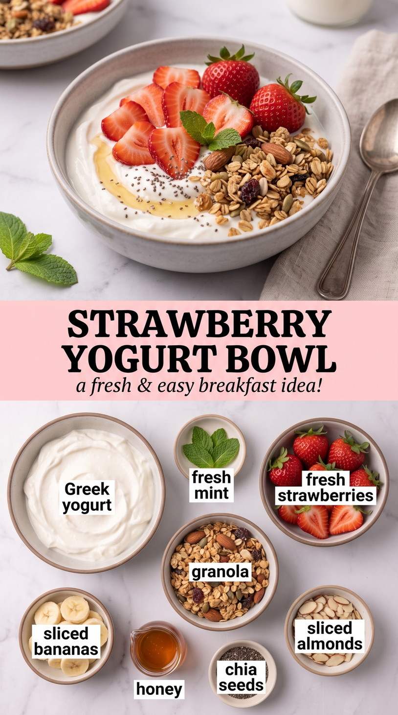 Strawberry Yogurt Bowl showing Greek yogurt with strawberries, banana, granola, almonds, chia, honey, and mint
