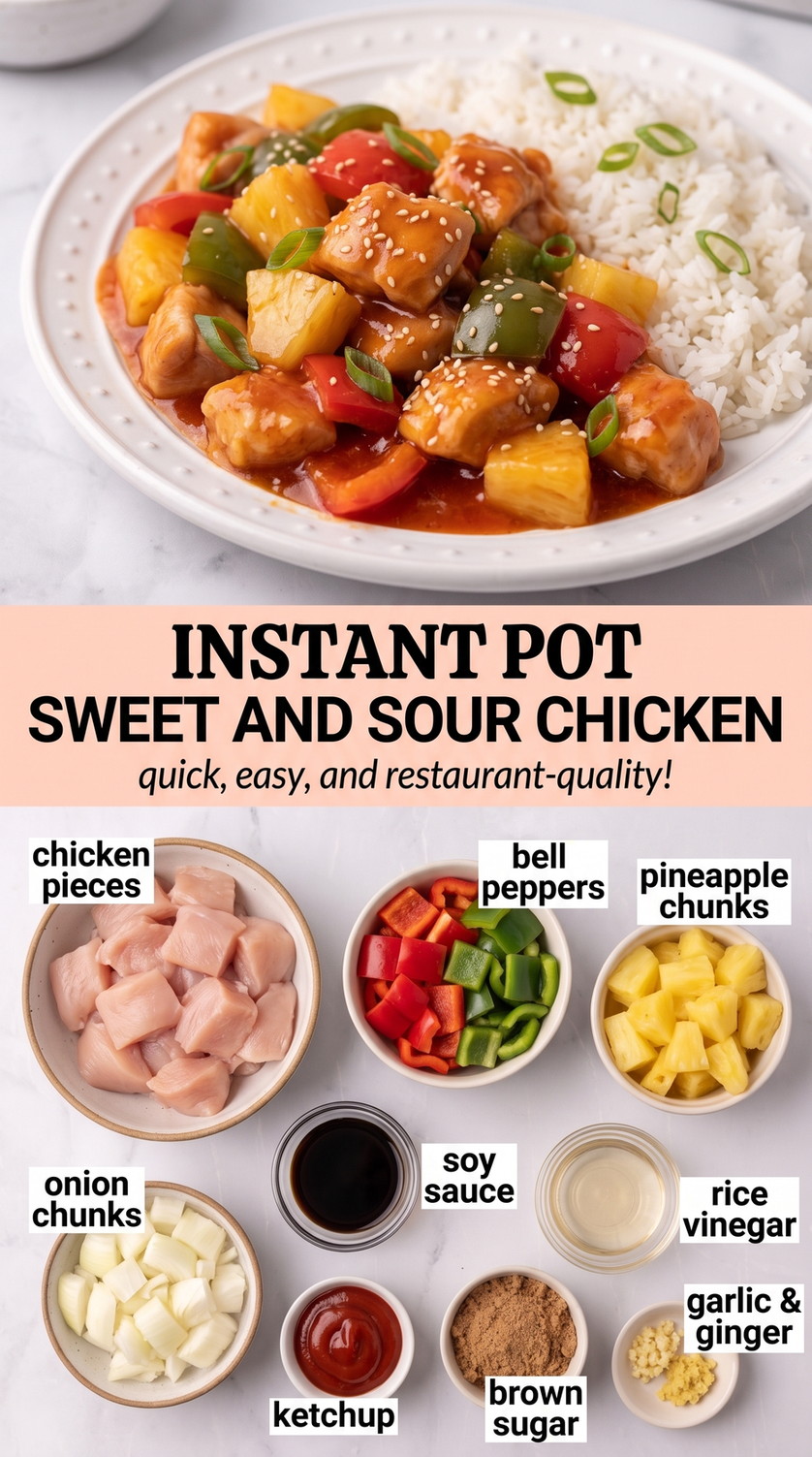 Instant Pot sweet and sour chicken finished dish made with chicken pieces, bell peppers, and pineapple chunks