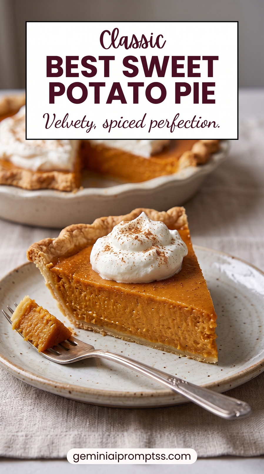 Best sweet potato pie recipe showing a velvety orange filling, flaky crust, and whipped cream finish