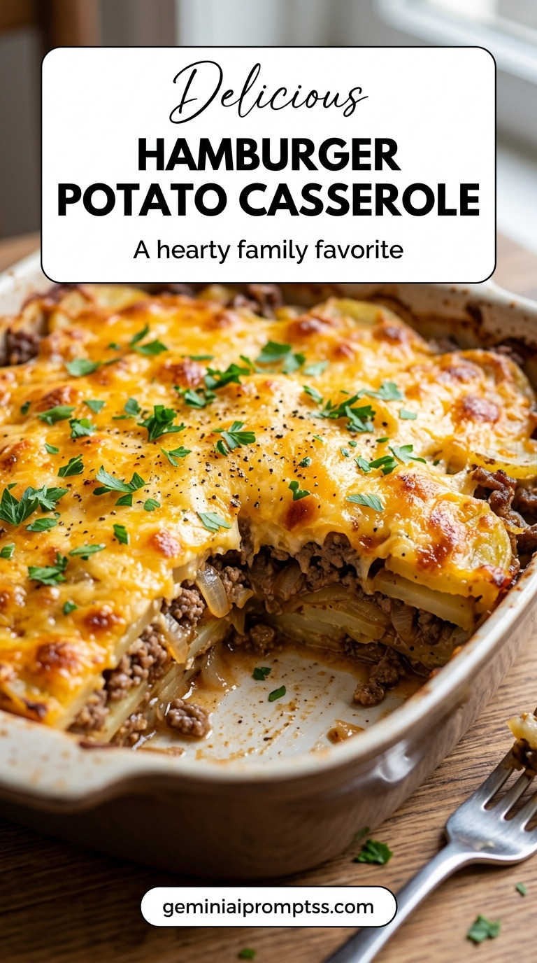 Hamburger Potato Casserole showing a layered hamburger potato casserole with thin potatoes, ground beef, melted cheddar, and parsley