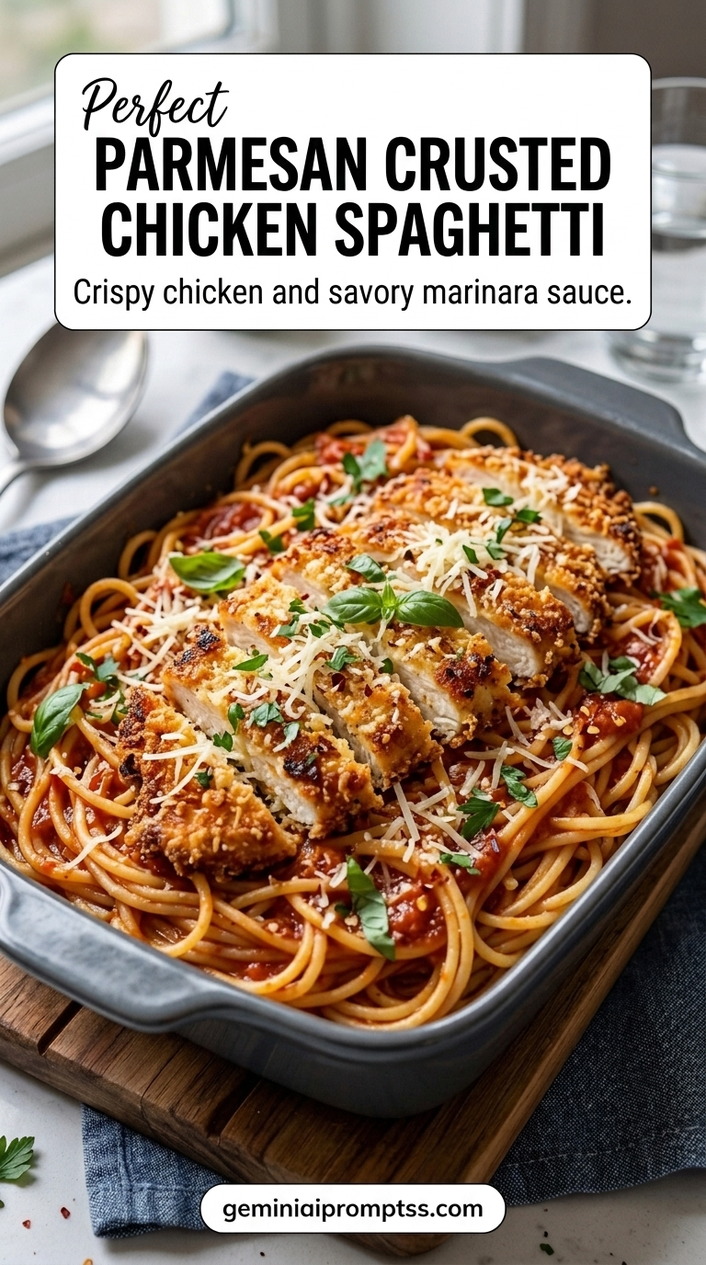 Parmesan Crusted Chicken Spaghetti finished recipe with spaghetti under the crisp chicken