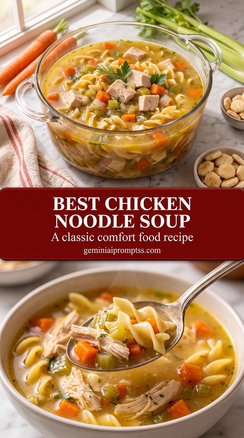 Best Chicken Noodle Soup with tender chicken, noodles, carrots, celery, clear golden broth, and a light herb finish