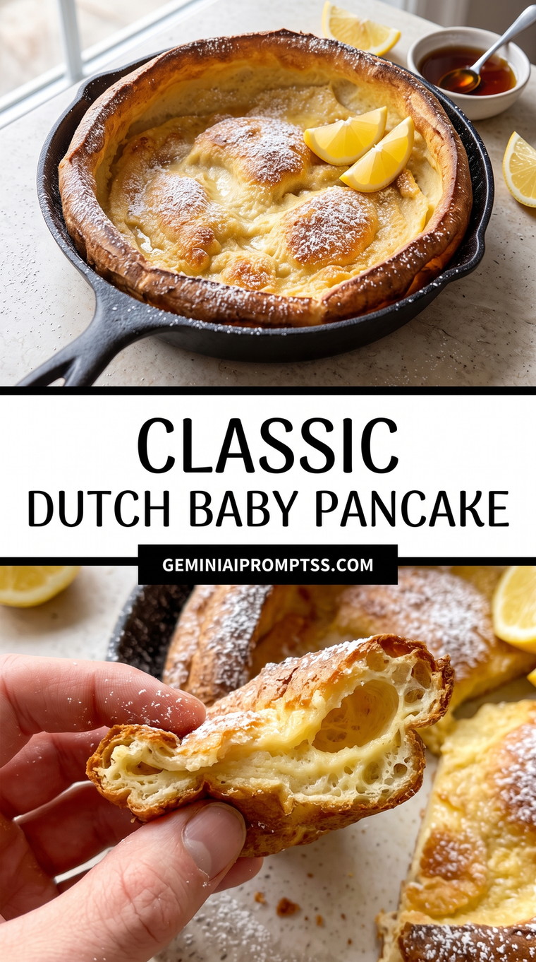 Classic Dutch Baby Pancake showing plain classic Dutch baby with dramatically puffed rim, powdered sugar and lemon wedges