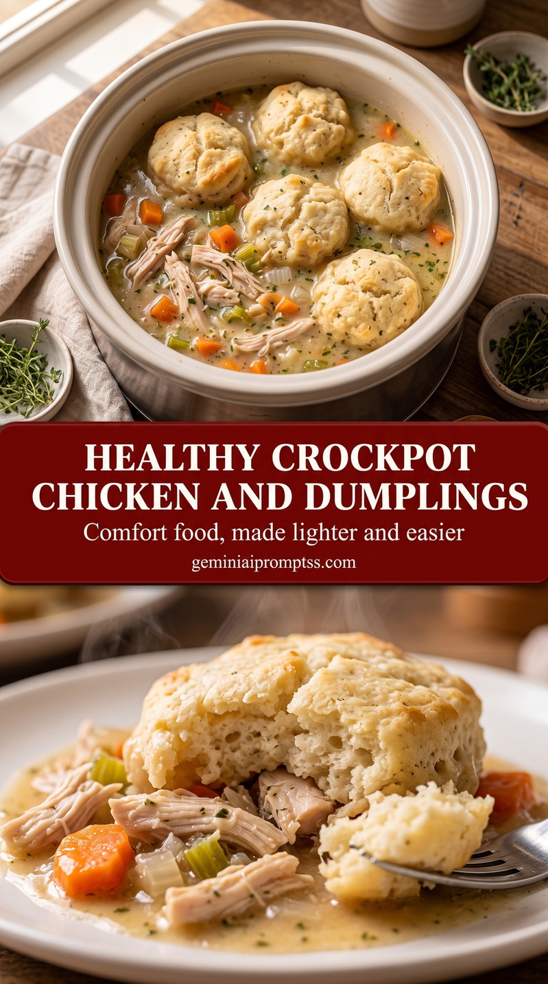 healthy crockpot chicken and dumplings with a lighter chicken and dumplings dish with shredded chicken, carrots, celery, herbs, and pale homemade dumplings