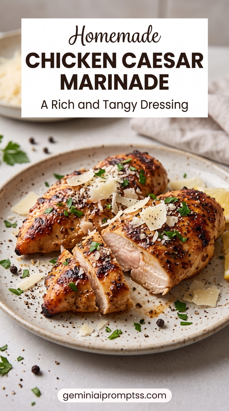 Chicken Caesar Marinade with golden chicken, crisp romaine, Parmesan, creamy Caesar-style dressing, and crunchy elements such as croutons or toasted bread