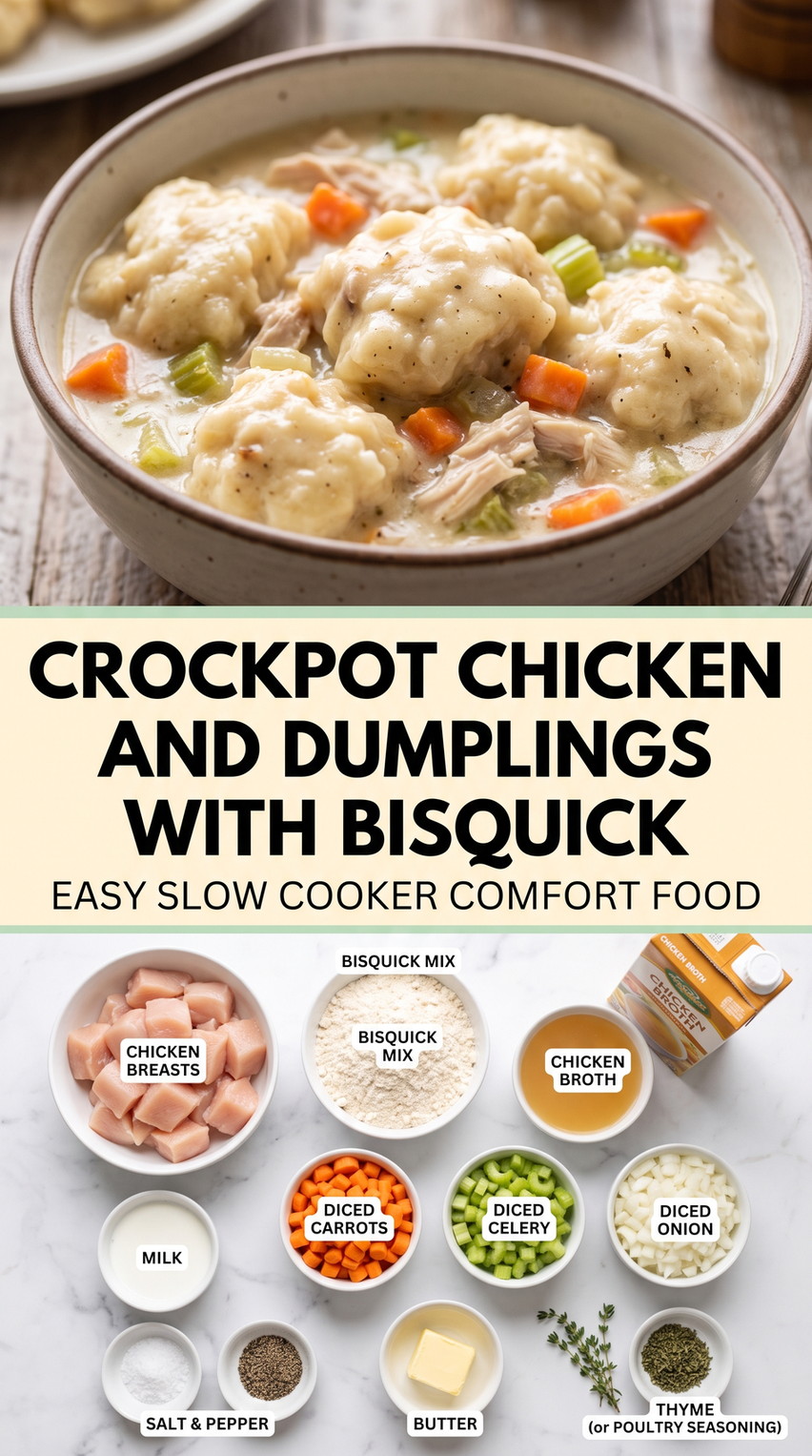 Crockpot Chicken and Dumplings with Bisquick with slow-cooker chicken and dumplings with Bisquick, carrots, celery, onion, and thyme