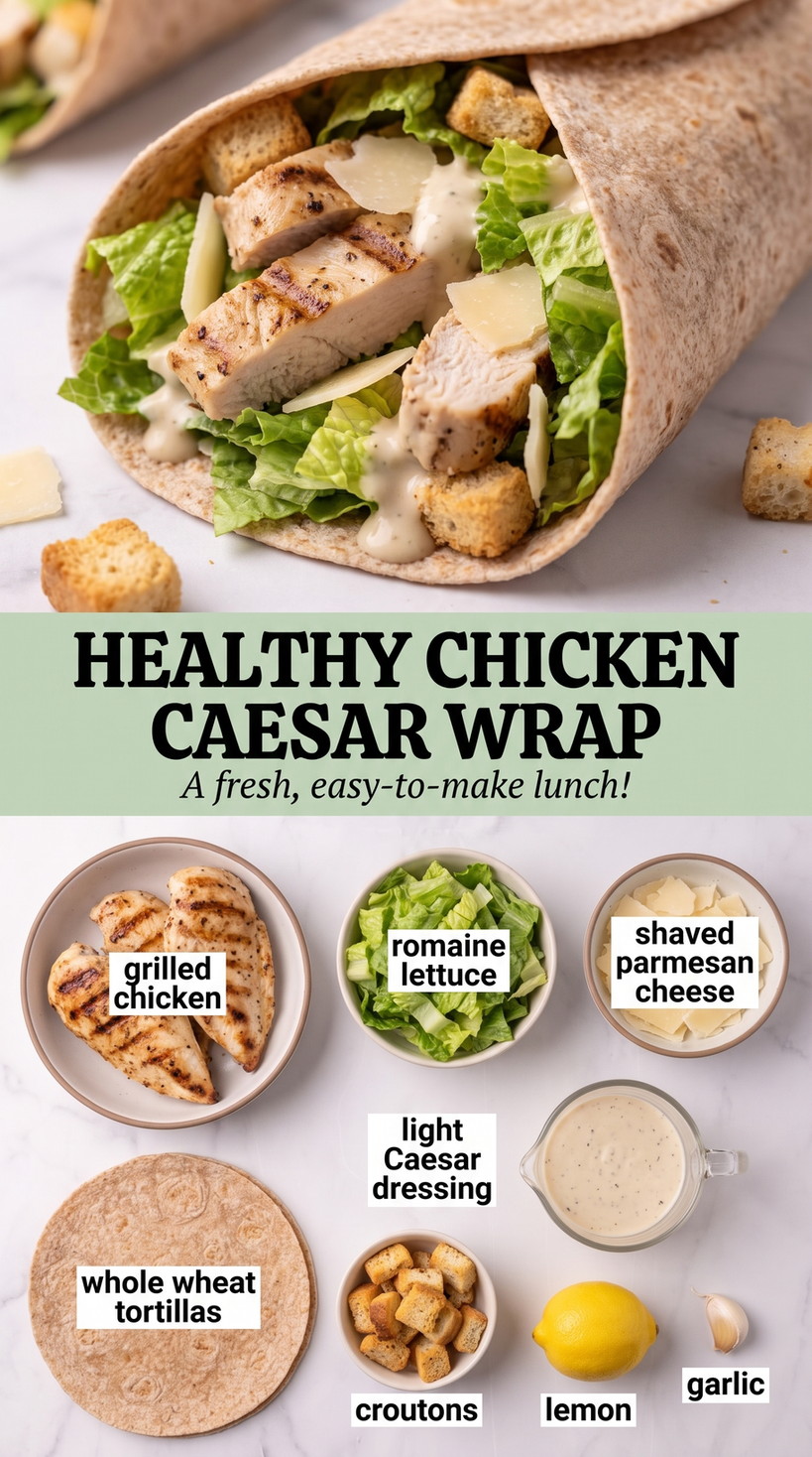 Healthy chicken caesar wrap showing grilled chicken with crisp greens, Parmesan, croutons, and creamy Caesar dressing