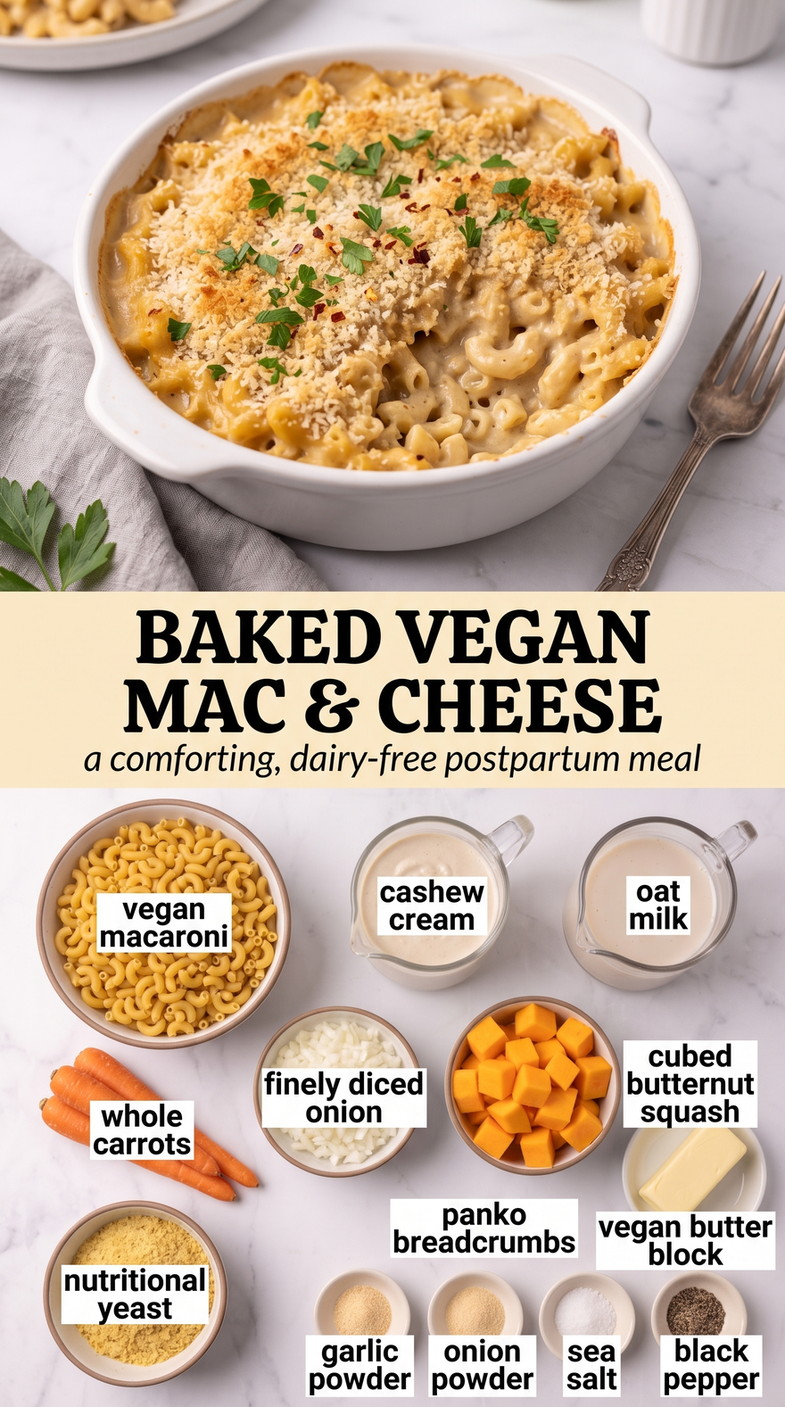 Vegan Postpartum Recipes showing a baked vegan macaroni and cheese with a golden breadcrumb top
