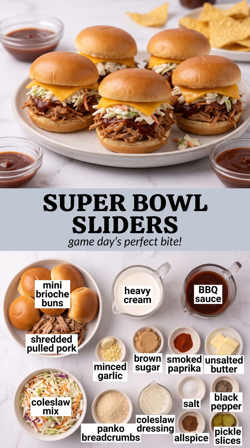 Super Bowl Sliders with pulled-pork brioche sliders with barbecue sauce, creamy coleslaw, pickles, smoky seasoning, and a light toasted-panko crunch